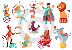 Circus animals. Animal acrobatic tricks, circus family acrobat entertainment. Cartoon vector isolated illustration