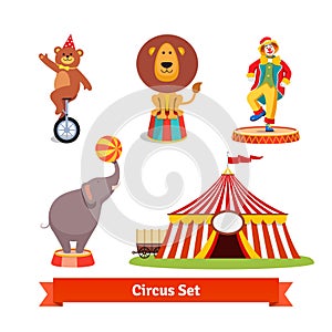 Circus animals, bear, lion, elephant, clown