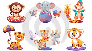 Circus animals, elephant standing on ball, monkey juggler, tiger jumping through fire ring and white doves. Modern