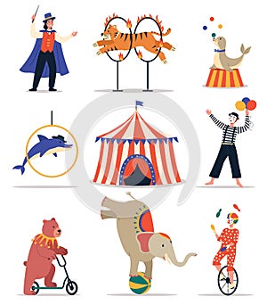 Circus animals. Funny trained animals. Show elements hoops, bollards and balls, circus tent, cartoon bear, elephant and