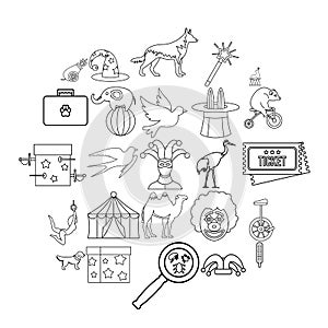 Circus with animals icons set, outline style