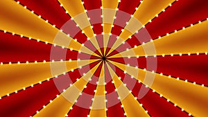 Circus animated rotation looped background of red and gold lines stripe with star constellations light bulbs tinsel. Retro motion