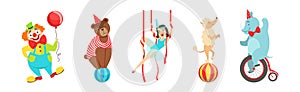 Circus Artist Character with Clown, Bear, Dog, Rhino and Woman Acrobat Vector Set