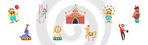 Circus Artist Character with Clown, Seal, Lion, Horse and Woman Acrobat Vector Set