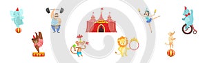 Circus Artist Character with Elephant, Strongman, Woman Acrobat, Rhino, Bear, Monkey and Lion Vector Set