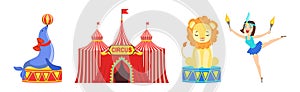 Circus Artist Character with Seal, Lion and Woman Acrobat Vector Set