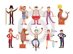 Circus artists cartoon characters vector set. Acrobat and strongman, magician, clown, trained animals