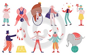 Circus artists. Juggler artist, acrobat, magician performer, strongman, clown and trained animals vector illustration