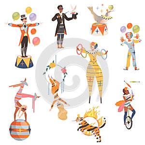 Circus artists performing at show, carnival party set. Magician, aerialist, strongman, acrobat and animals doing tricks