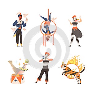 Circus artists performing at show set. Magician, mime, strongman and animals doing tricks vector illustration