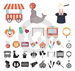 Circus and attributes cartoon, black icons in set collection for design. Circus Art vector symbol stock web illustration