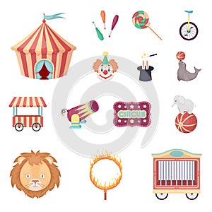 Circus and attributes cartoon icons in set collection for design. Circus Art vector symbol stock web illustration.