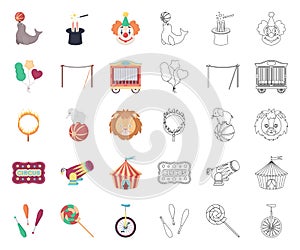 Circus and attributes cartoon,outline icons in set collection for design. Circus Art vector symbol stock web