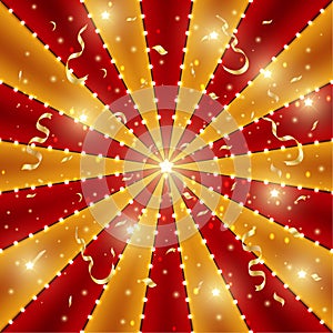 Circus background of red and gold lines stripe with star constellations, light bulbs and tinsel. Retro sun beam ray template for