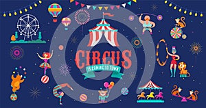 Circus banner and background with tent, monkey, air balloons, gymnastics, elephant on ball, lion, jugger and clown
