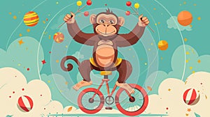 This circus banner features a cute monkey juggling on a monocycle. Modern landing page of a carnival performance with