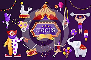Circus banner template. Set of cartoon vector objects and characters. Vector illustration. Acrobats and animals. Promotion Show.