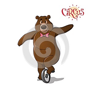 A circus brown bear riding a unicycle.