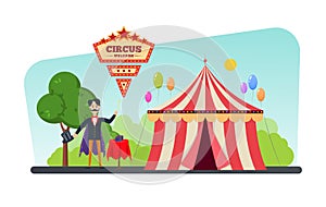 Circus building, tent, shapito. Invitation to event, magician shows tricks.