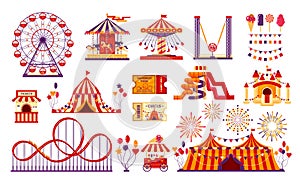 Circus carnival elements set isolated on white background. Amusement park collection with fun fair, carousel, ferris