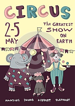 Circus or carnival poster with chapiteau tent, artist juggler and trained animals. Vector playbill illustration.