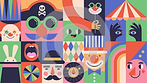 Circus, Carnival, Street Festival, Purim Carnival concept illustrations, Circus background. Geometric retro style design