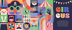 Circus, Carnival, Street Festival, Purim Carnival concept illustrations, Circus background. Geometric retro style design