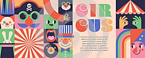 Circus, Carnival, Street Festival, Purim Carnival concept illustrations, Circus background. Geometric retro style design