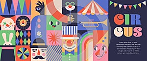 Circus, Carnival, Street Festival, Purim Carnival concept illustrations, Circus background. Geometric retro style design
