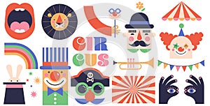 Circus, Carnival, Street Festival, Purim Carnival concept illustrations, Circus icons. Geometric retro style design