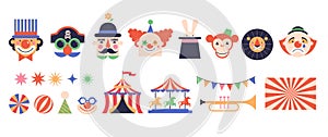 Circus, Carnival, Street Festival, Purim Carnival concept illustrations, elements and icons. Cute faces of clowns and