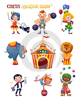 Circus Cartoon Characters Set. Clowness, strongman, trainer, elephant, lion, magician, acrobat, clown. Circus tent.