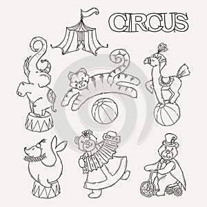 Circus cartoon icons collection with chapiteau tent and trained wild animals.