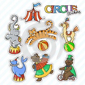 Circus cartoon icons collection with chapiteau tent and trained wild animals.