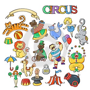 Circus cartoon icons collection with chapiteau tent and trained wild animals.