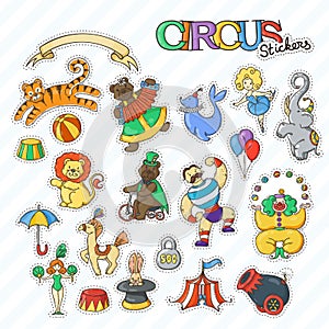 Circus cartoon stickers collection with chapiteau tent and trained wild animals.