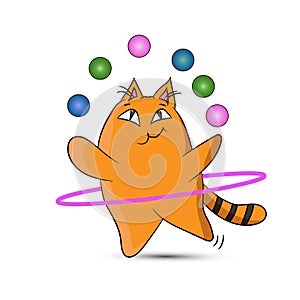 A circus cat twists a hoop and juggles balls.