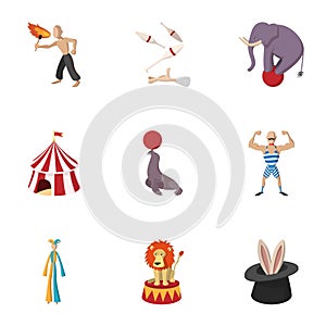 Circus chapiteau icons set, cartoon style