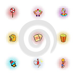 Circus chapiteau icons set, pop-art style