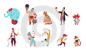 Circus characters. Cartoon clowns. Juggler throws balls. Acrobat and magician shows tricks. Animal trainer with elephant