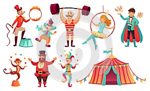 Circus characters. Juggling animals, juggler artist clown and strongman performer. Cartoon vector illustration set