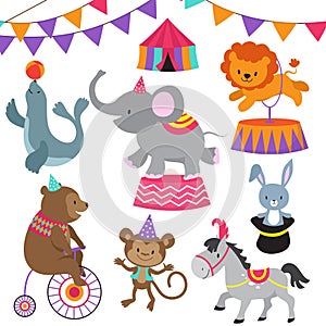 Circus child show cartoon animals vector set