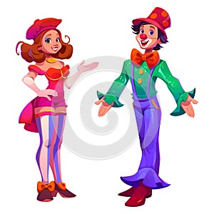 Circus clown and female magicians assistant