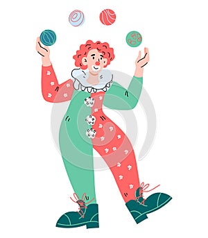 Circus clown juggler cartoon character in funny scenic costume, vector isolated.