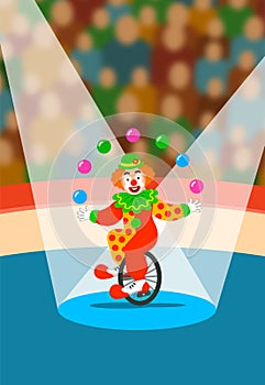 Circus clown juggling balls on unicycle on arena