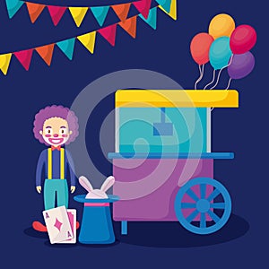 Circus clown with pop corn cart