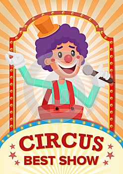 Circus Clown Show Poster Blank Vector. Vintage Magic Show. Fantastic Clown Performance. Holidays And Events