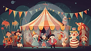 Circus clowns in costumes and carnival masks at fair