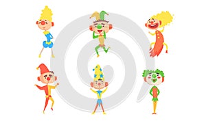 Circus Clowns Set, Funny Comedians and Jesters Cartoon Characters Performing in Colorful Costumes Vector Illustration