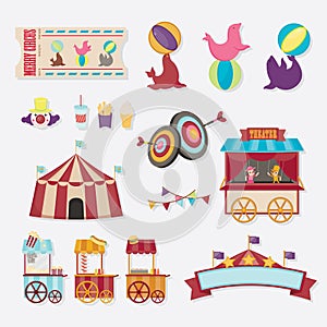 Circus collection with carnival, fun fair. Vector icons and background and illustration collection.